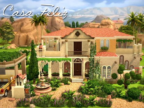 Akisima Sims Blog: Feliz house • Sims 4 Downloads Sims 4 Mexican, Sims 4 Family House, Mexican Home Design, House Sims 4, Mexican House, Mission Style Homes, Sims 4 Family, Sims 4 House Plans, Sims 4 House Building