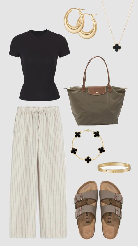 #birkenstocks #skims #longchamp #vancleef #gold #black Birkenstock Outfit Aesthetic, Longchamp Outfit, Racer Jackets, Birkenstock Outfit, Random Clothes, Weekend Outfit, Outfit Aesthetic, Closet Fashion, Fit Inspo