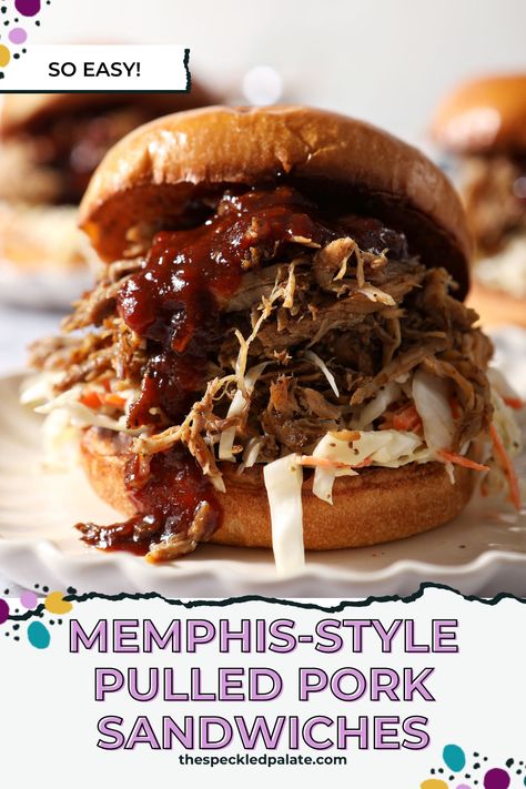 Want to make the BEST Pulled Pork Sandwiches at home? Start with slow cooker BBQ pulled pork, creamy homemade slaw and tangy barbecue sauce. This classic Memphis barbecue sandwich is great for entertaining, too! #EasyEntertaining #SpeckledPalate Easy Red Beans And Rice Recipe, Bbq Sandwich Recipe, Easy Red Beans And Rice, Slow Cooker Bbq Pulled Pork, The Best Pulled Pork, Slow Cooker Red Beans, Best Pulled Pork, Bbq Pulled Pork Slow Cooker, Bbq Pork Sandwiches