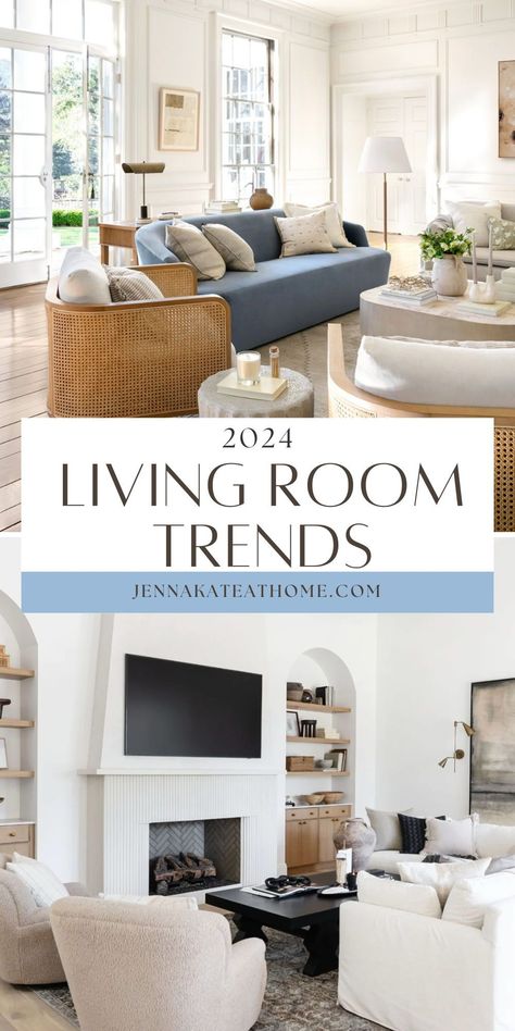 Stunning living room decorating trends for 2024. Trends include organic modern touches, coastal living room style, transitional living rooms and designer inspiration. Sofa With 4 Chairs Layout, Soft Transitional Living Room, Traditional Home Family Room, Transitional Blue And Gray Living Room, Living Room Sectional And Chairs Layout, Living Room With Chaise Sectional, Microfiber Sofa Living Rooms, 2 Focal Points In Living Room, Coastal Great Room Ideas