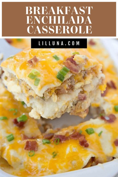 Everything you love about enchiladas and breakfast casseroles in one recipe! Layers of corn tortillas, eggs, sausage, bacon, green chili sauce, sour cream, and lots of cheese! #enchiladas #casserole #breakfast #breakfastcassserole #casserolerecipes Cheese Enchiladas Casserole, Breakfast Enchilada Casserole, Breakfast Enchiladas Casserole, Enchiladas Casserole, Unique Diy Crafts, Breakfast Tortilla, Cream Cheese Potatoes, Amazing Snacks, Tortilla Casserole