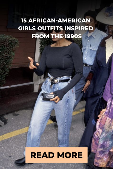 African-American woman in '90s fashion with high-waisted jeans and a fitted black top posing on the street. Moesha Outfits 90s Fashion Street Styles, 1997 Fashion Outfits, 1990s Fashion Black Women, 90s Fashion Classy, Swv 90s Aesthetic, 90s Aesthetic Black Women, Nia Long 90s Outfits, Moesha Outfits 90s Fashion, 90s Fashion Street Style