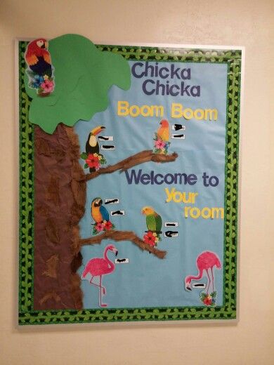 Chicka Chicka Boom Boom Bulletin board. I got the parrots/flamingo from the dollar store. Parrot Bulletin Board Ideas, Chicka Chicka Boom Boom Bulletin Board, Teacher Corner, Chicka Chicka Boom Boom, Chicka Chicka, Teachers Corner, Bulletin Board Ideas, Boom Boom, Tiny Humans