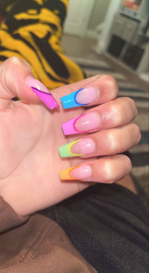 Colourful French Tips Square, Rainbow French Tip Nails Coffin, Rainbow Birthday Nails, Fun French Nail Ideas, Colorful French Tip Nails Coffin, Bright French Tip Nails Summer, Colored French Tip Nails Coffin, French Nails Colored Colour, Multicoloured French Tip Nails