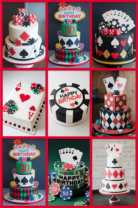 A collage of nine unique Las Vegas-themed birthday cakes, decorated with casino motifs - playing cards, poker chips, and dice. The cakes vary in design from elegant multi-tiered structures to playful, bright layers, each creatively incorporating elements like card suits, slot machine symbols or festive birthday banners. The cakes celebrate various ages and milestones with personalized details like age numbers and 'Happy Birthday' messages, styled to match the theme of a night at the casino. Casino Food Ideas, Casino Theme Cake Ideas, Casino Cake Ideas, Casino Theme Party Food, Las Vegas Party Theme, Las Vegas Cake, Poker Cake, Vegas Cake, Hearts Cake