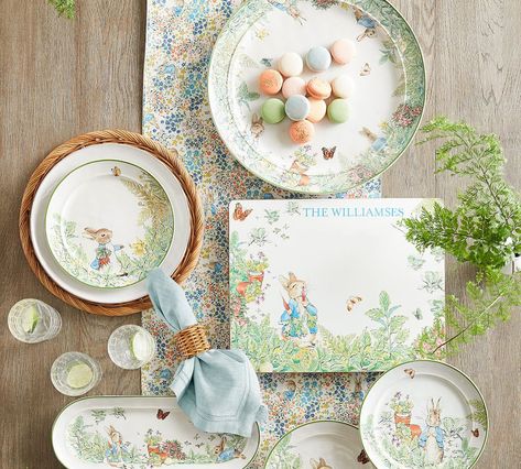 Peter Rabbit™ Garden Stoneware Serving Platter | Pottery Barn Canada Peter Rabbit Garden, Cork Placemats, Easter Gathering, Rabbit Collection, Rabbit Garden, Spring Table Decor, Easter Tablescapes, Floral Napkins, Floral Table Runner