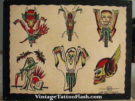 Lee Roy Minugh 1950's biker flash sheet from vintagetattooflash.com killscumspeedcult.com TAGS; traditional tattoo flash, flash art, biker flash tattoo, vintage biker tattoo, biker tattoo design, lee roy art, theo mindell, spider murphy, chopper, devil, satan, prison tattoos, real satan, demon, winged skull, vintage, biker clothing, biker art, killscum Sparks Tattoo, Biker Tattoos Designs, Revolver Tattoo, Vintage Tattoo Flash, Antique Tattoo, Tattoo New, Vintage Tattoo Design, Motorcycle Tattoos, Biker Tattoos