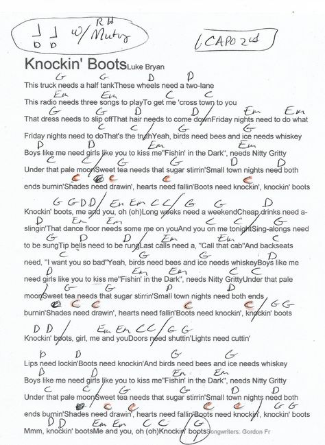 Knocking Boots (Luke Bryan) Guitar Chord Chart - Capo 2nd Fret Country Song Guitar Chords, Guitar Acoustic Songs, Chords Ukulele, Songs Guitar, Guitar Cord, Ukulele Chords Songs, Country Music Songs, Great Song Lyrics, Ukulele Music