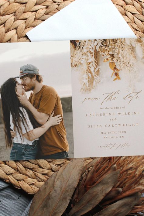 Boho Fall Flowers Photo Wedding Save The Date Wedding Card With Photo, Save The Date Modern, Rustic Wedding Save The Dates, Handwritten Typography, Save The Date Wording, Rustic Save The Dates, Script Calligraphy, Flowers Photo, Save The Date Photos