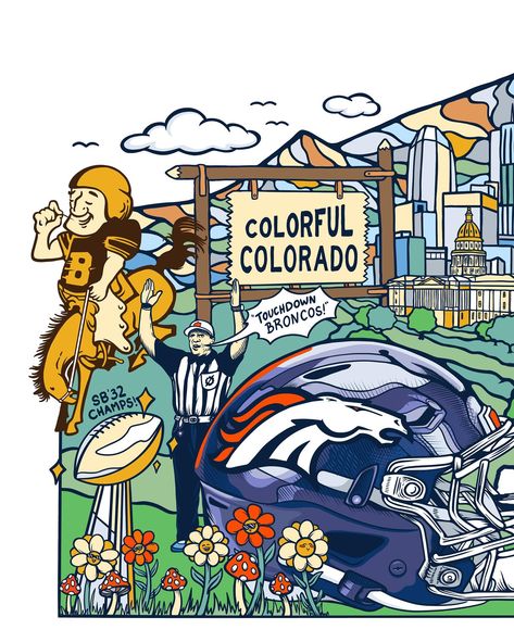 Mural Design for @broncos Big thanks to @kjdesignsthings for including me! I’m truly humbled to be selected for this opportunity being that @denver has such an immense roster & community of talented artists. Art Direction: We landed on this “doodle collage” style that celebrates Broncos fandom + Colorado’s natural beauty. Of all the sketches and ideas that I presented, @kjdesignsthings wanted to go with this idea being that it encapsulates the personal style I’ve been developing since mov... Steamboat Colorado, Colorado Art, Mural Design, Steam Boats, Art Direction, Colorado, Personal Style, Gallery Wall, Collage