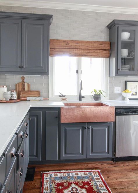 Stone Ridge Kitchen Reno. Copper sink with dark grey cabinets. Peppercorn by Sherwin-Williams #kitchencabinets Dark Grey Cabinets, Kitchen Design Centre, Cabinets Painted, Gray Cabinets, New Kitchen Cabinets, Kitchen Cabinets Makeover, Grey Kitchen Cabinets, Copper Sink, Diy Kitchen Cabinets