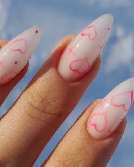 valentines day acrylic nails: pink hearts Romantic Pink Nails, Nails Ideas Almond, February Nails, Grunge Nails, Almond Acrylic Nails, Soft Nails, Nagel Inspo, Heart Nails, Fire Nails