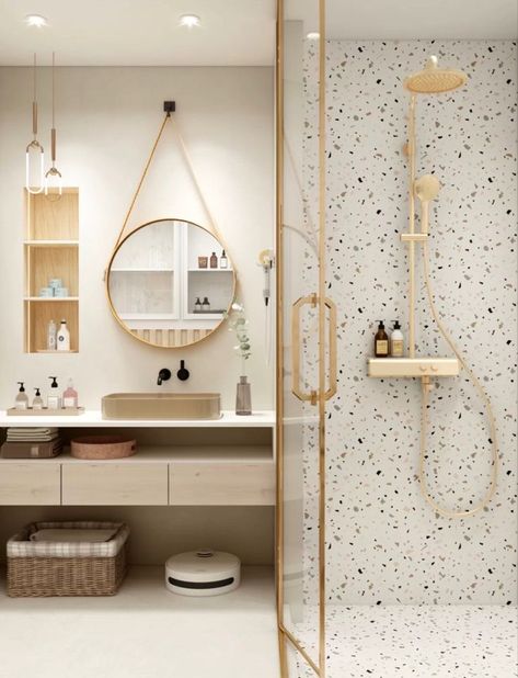 Minimalist Small Bathrooms, Terrazzo Bathroom, Small Bathroom Interior, Washroom Design, Small Bathroom Makeover, Kitchen Home Decor, Bathroom Design Decor, Bathroom Light, Bathroom Inspiration Decor