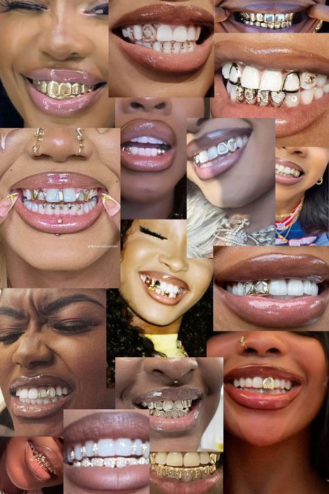 Golds On Black Women Teeth, Aesthetic Teeth Gems, Grills For Gap Teeth, Grillz Bottom Teeth, Grillz Inspo Women, Feminine Grill, Women’s Grills, Grills On Black Women, Bottom Grills For Black Women