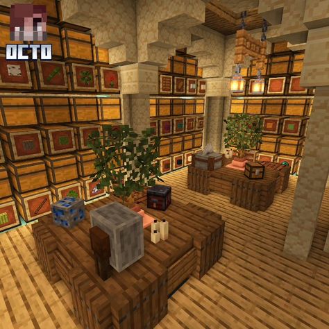 Minecraft Simple Storage Room, Minecraft Spruce Interior Design, Mc Storage Room Ideas, Chest Wall Minecraft, Map Room Minecraft Ideas, Work Room Minecraft, Minecraft Chest Room Exterior, Mincraft Idea Basement, Minecraft Aesthetic Interior Design