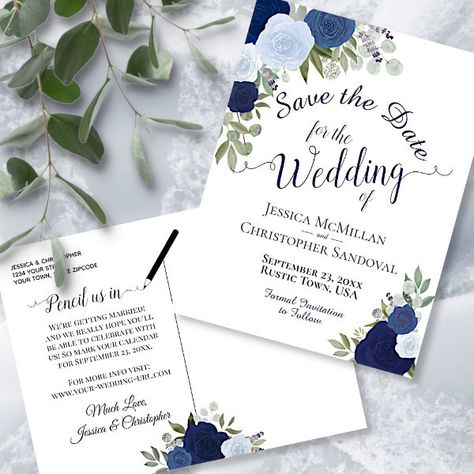 Elegant Navy & Blue Roses Wedding Save the Date Announcement Postcard Navy Blue Roses, Backyard Country, Save The Date Classic, Blue Roses Wedding, Rustic Wedding Save The Dates, Rustic Save The Dates, Roses Wedding, Save The Date Postcards, Formal Invitation