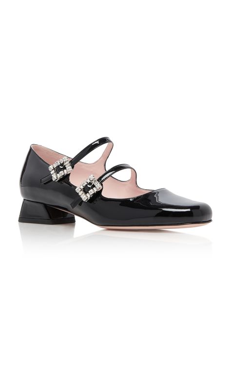 Roger Vivier Flats, Roger Vivier, Leather Mary Janes, Black Mini, Stacked Heel, Moda Operandi, Saks Fifth, Saks Fifth Avenue, Fashion Collection