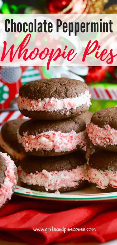 All wrapped up like a present with crushed candy canes, Easy Chocolate Peppermint Whoopie Pies are a Christmas dream come true for chocolate lovers of all ages! These simple and festive Christmas cookies made with a cake mix are also called chocolate sandwich cookies. And, this recipe features a light and fluffy peppermint filling, covered with crushed candy canes! #christmascookies, #christmasdesserts, #whoopiepies via @gritspinecones Peppermint Whoopie Pies, Festive Christmas Cookies, Peppermint Recipes, Whoopie Pie Recipe, Chocolate Whoopie Pies, New Year's Desserts, Whoopie Pie, Vegan Candies, Chocolate Sandwich