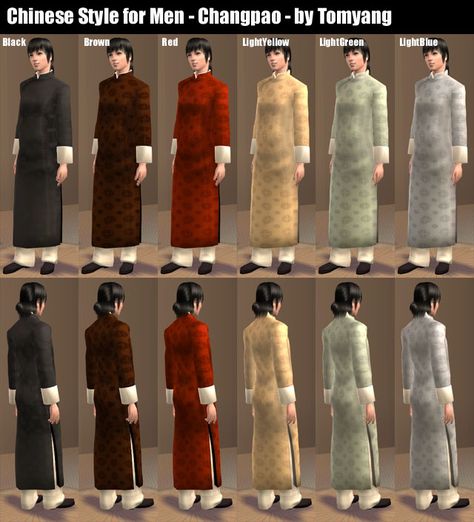 ModTheSims - Chinese style for men -changpao- with 6colors Chinese Men Fashion, Chinese Men's Clothing, Asian Sims, Western Outfits Men, Chinese Costume, Chinese Traditional Clothing, Style For Men, China Style, Chinese Man