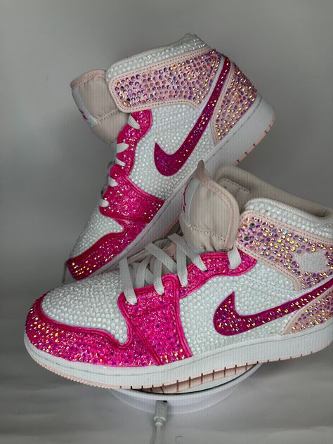 Rhinestone Nikes Shoes, Blinged Out Shoes, Rhinestone Jordans, Bling Sneakers Rhinestones, Preppy Nikes, Pink Air Jordans, Bday Shoes, Custom Jordan 1 Mid, Bedazzled Shoes Diy