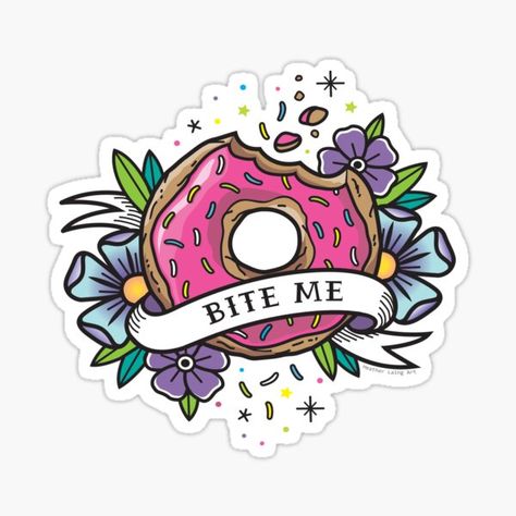 Tattoo Flash Sheet Girly, Traditional Donut Tattoo, Coffee And Donut Tattoo, Dessert Tattoo Ideas, Donut Tattoo Small, Derpy Tattoos, Doughnut Tattoo, Candy Heart Tattoo, Dessert Tattoo