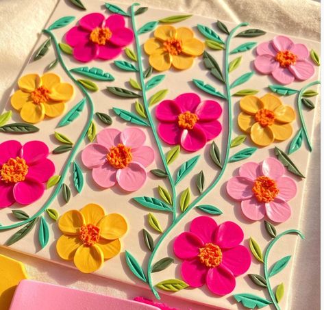 Clay Art For Wall Decor, Clay Border Design, Lippan Art Flower Design, How To Do Clay Art, Shilpkar Clay Art On Canvas, Canvas Clay Art, Polymer Clay On Canvas, Flower Clay Art, Clay Art On Canvas