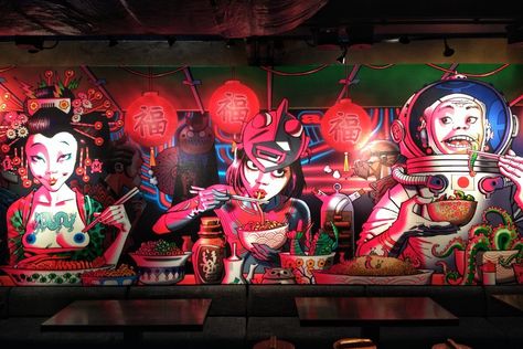 Download this cool Cyberpunk wallpaper from Jamie Hewlett Cyberpunk Wallpaper, Jamie Hewlett Art, Japanese Restaurant Interior, Japan Decor, Japanese Bar, Charlotte Street, Noodle Bar, Nightclub Design, Shochu