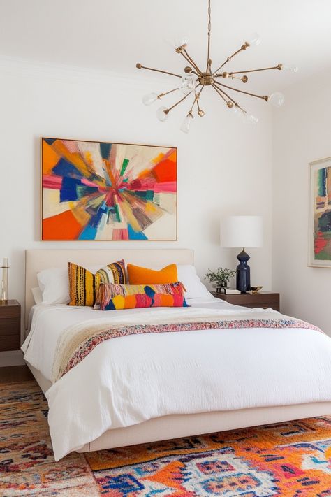 15 Tips for Creating an Eclectic Bedroom – Everyday Inspo Bright And Cheery Bedroom, Bedroom Colorful Rug, Pop Of Color Bedroom, Bedroom Unique, Statement Wallpaper, Bedroom Tips, Bold Decor, Dark Furniture, Eclectic Bedroom