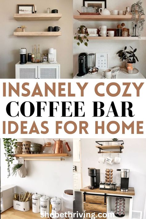 coffee bar styling Coffee Cart In Living Room, Coffee Cart Essentials, 2 Tier Tray Decor For Coffee Bar, Floating Shelf Coffee Station, Coffee Station Ideas Apartments, Simple Coffee Station Ideas, Pour Over Coffee Bar Ideas, Chic Coffee Station, Free Standing Coffee Bar Ideas