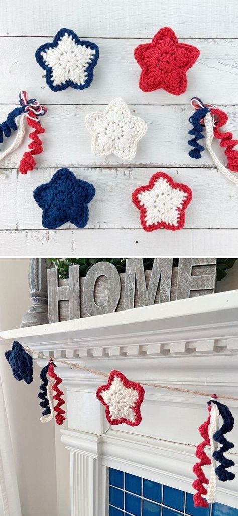 July 4th Crochet Patterns, Crocheted Fourth Of July, Crochet Fireworks Free Pattern, Free 4th Of July Crochet Patterns, 4th Of July Garland Diy, Crochet Fourth Of July Patterns, Crochet Independence Day, 4th Of July Crochet Ideas, 4th Of July Crochet Patterns