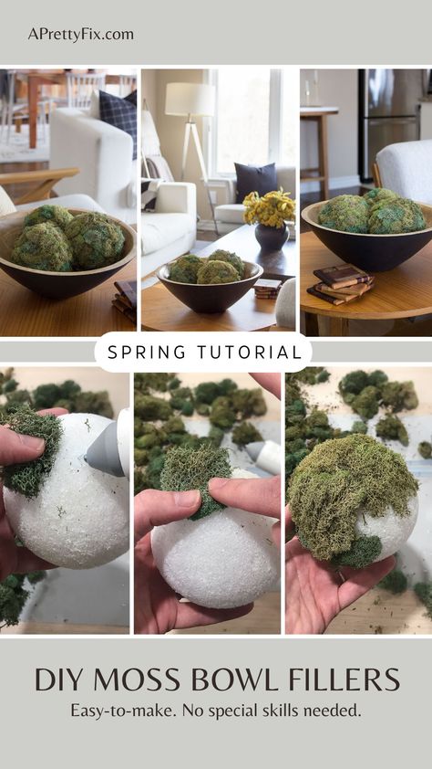 Make these easy DIY moss-covered bowl fillers using just a few basic supplies. No special skills, required. Creates a chic and elegant decorative touch to any space. #springcrafts #mosscrafts #decor #diy #crafts Coffee Table Bowl Filler, Bowl With Moss Centerpiece, Moss Filled Bowl, Restoration Hardware Moss Bowl, Large Moss Bowl, Diy Moss, Moss Covered, Weaving Tools, Pinterest Diy