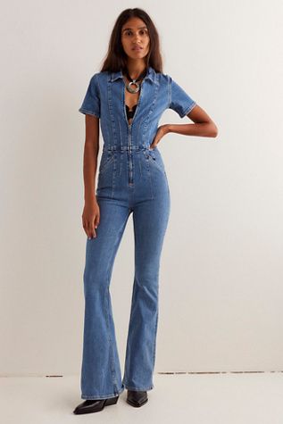 Sunburst Blue Denim Jumpsuit Outfit, 70s Jumpsuit, Boho Denim, Flare Jumpsuit, Jumpsuit Outfit, Closet Goals, Blue Fits, Denim Jumpsuit, Engagement Photoshoot