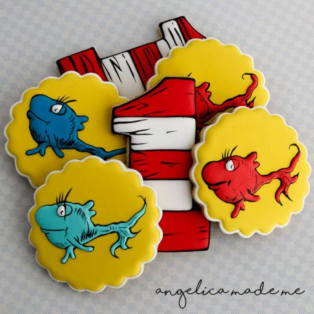 Dr. Seuss One Fish Two Fish Birthday Cookies One Fish Two Fish Red Fish Blue Fish Birthday Party, Cat In The Hat Cookies, Dr Seuss Hats, Fairytale Cookies, Cat In The Hat Birthday, Fish Birthday, Baby Shower Cake Decorations, Fish Cookies, Dr Seuss Birthday Party