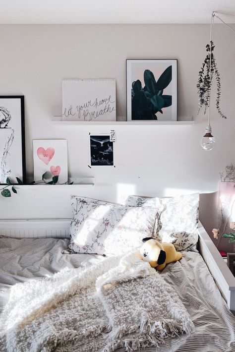 White interior with galley wall above bed #homedecor #ikea #ikeapictureledge #ikeabed #bedroom #gallery #gallerywall #galleryart #bts #btsarmy #bt21 #chimmy #interiordesign #interiorinspiration #interiordecorating #interiordesignideas #whitebedroom #shelves #pictureledge #interiors Bt21 Bedroom, Gallery Above Bed, Gallery Wall Over Bed, Bedroom Wall Gallery, Gallery Wall Above Bed, Wall Above Bed, Ikea Bedroom Decor, Ikea Bedroom Design, Ikea Kids Bedroom