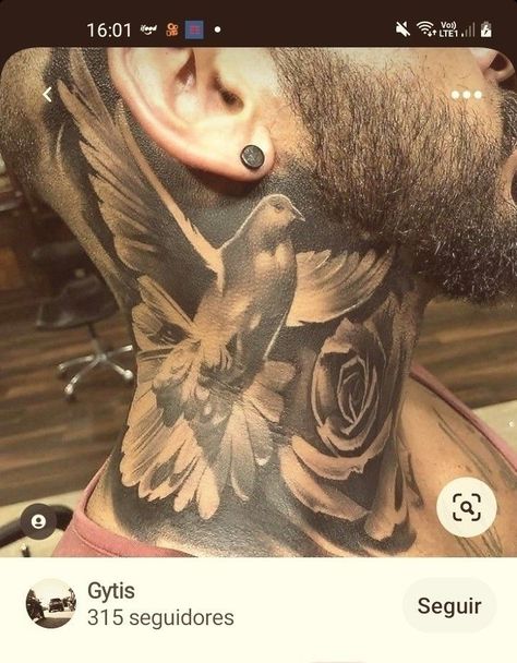 Realism Neck Tattoo Men, Black And Grey Neck Tattoo, Center Neck Tattoo Men, Large Neck Tattoo, Neck Tattoo Cover Up Men, Bird Neck Tattoo Men, Dove Tattoo Neck, Dove Neck Tattoo Men, Religious Neck Tattoo