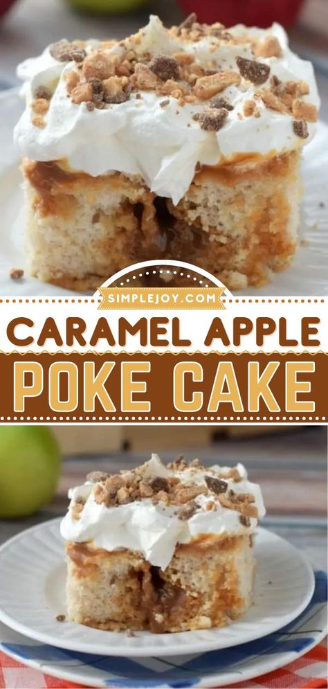 Caramel Apple Poke Cake, fall, apple recipes, thanksgiving desserts, sweet treats Caramel Apple Poke Cake, Apple Poke Cake, Fall Dessert Recipes Easy, Fun Thanksgiving Desserts, Apple Recipe, Dessert Cakes, Thanksgiving Cakes, Caramel Desserts, Fall Desserts Easy