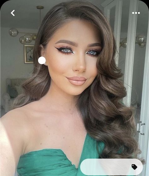 Curl Hair Styles Prom, One Side Waves Hairstyles, Hollywood Wave Bridesmaid Hair, Curls For Bridesmaid, Side Part Curls Prom, Side Waves Hairstyle Wedding, Glam Side Part Hair, Evening Gown Hairstyles For Long Hair, Bridesmaid Hair Down Side Part