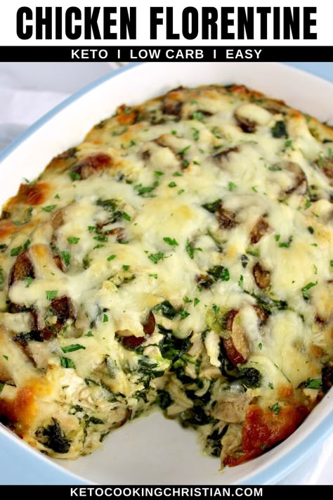 Tender chicken, sautéed mushrooms and healthy spinach baked in a rich cheesy sauce makes this Chicken Florentine Casserole your new favorite easy dinner! Keto Chicken Florentine, Atkins 20, Pregnancy Dinner Recipes, Chicken Florentine Casserole, Keto Chicken Casserole, Trim Healthy Recipes, Keto Casseroles, Chicken Casseroles, Chicken Florentine