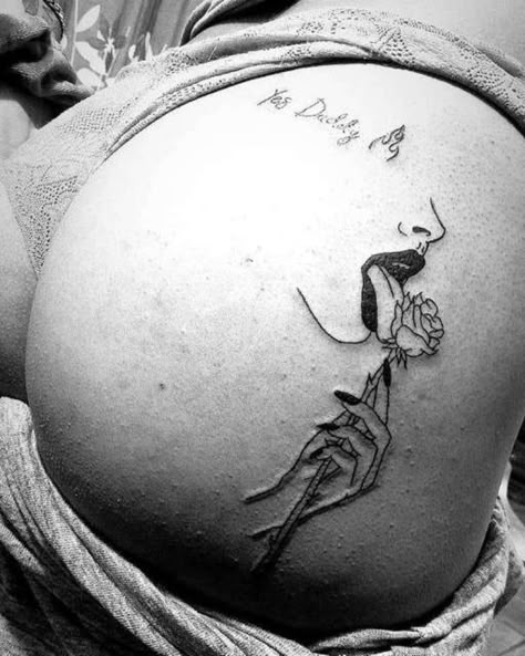 Underbutt Cheek Tattoo, Spicy Tattoos For Women, Small Written Tattoos, Buttcheek Tattoo Women, Under Buttcheek Tattoo Women, Braille Tattoo, Under Buttocks Tattoo, Stomach Tattoos Women, Private Tattoos