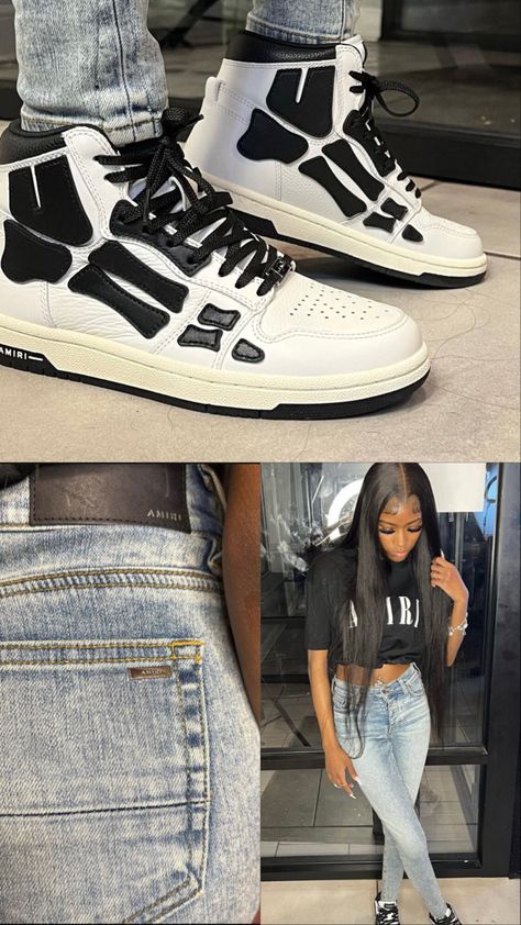 Black Amiri Shoes Outfit, Outfit With Amiri Shoes, Amiri Star Shoes Outfit, Amiri Jeans Outfit Black Women, Amiri Skeleton Shoes Outfit, Designer Sneakers Outfit Black Women, Amiri Sneakers Outfit, Amiri Outfits Black Women, Palm Angels Outfit Black Women