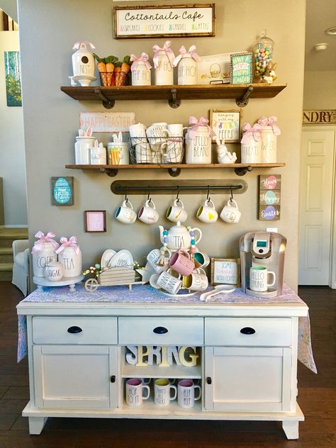 Rae Dunn Easter Display, Bars In Kitchen, Keurig Station, Easter Coffee Bar, Bar Themes, Easter Coffee, Tea Cup Cake, Coffee Stations, Easter Display