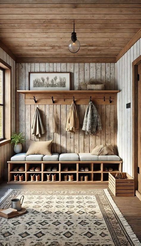 Log Cabin Mudroom Ideas, Farmhouse Rooms Ideas, Entry Mudroom Ideas Farmhouse, Mountain House Entryway, Cabin Mudroom Ideas Entry Ways, Modern Cabin Mudroom, Farm Mudroom Farmhouse, Mudroom Floors Ideas, Mud Space Ideas