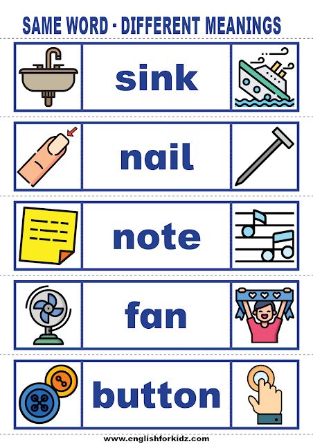 Printable English vocabulary cards for #EFL and #ESL students in elementary school and kindergarten Multiple Meaning Words Worksheet, Meaning Words, English Grammar For Kids, Three Letter Words, Multiple Meaning Words, Grammar For Kids, Esl Vocabulary, Teaching Vocabulary, English Vocab