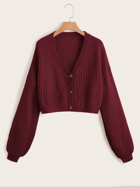 Maroon Casual Collar Long Sleeve Worsted Plain Cardigan Embellished Slight Stretch Spring/Fall Women Knitwear Winter Mode Outfits, Maroon Cardigan, Winter Fashion Outfits Casual, Fashion Top Outfits, Rib Knit Cardigan, Knitting Women Cardigan, Sweater Trends, Crochet Fashion Patterns, Cute Preppy Outfits