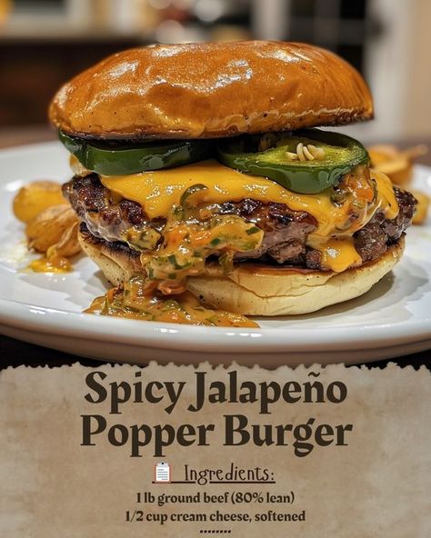 Easy Recipes By Crenn | Spicy Jalapeño Popper Burger | Facebook Spicy Hamburger Recipes, Jalapeno Cheeseburger, Jalapeño Burger, Gourmet Burgers Recipes, Burger Ingredients, Jalapeno Burger, Hot Sandwiches, Spicy Burger, Dish Ideas