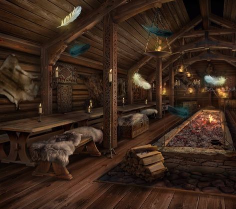 Fantasy Lodge, Viking Interior Design, Viking House Interiors, Fantasy Inn, Fantasy Tavern, Viking Hall, Fantasy Camp, Viking House, Long House