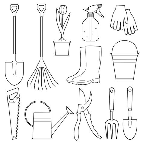 Vector set of outline illustration for t... | Premium Vector #Freepik #vector #farm #work #black #shovel Farm Work, Garden Bags, Outline Illustration, Garden Watering, Drawing Bag, Farm Tools, Flower Bucket, Watering Can, Water Garden