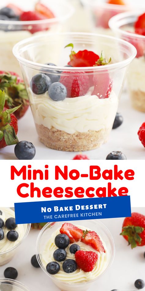 No-Bake Mini Cheesecakes are ultra rich and creamy with a sweet and crunchy Nilla Wafer base that basically melts in your mouth. They make a super quick and easy sweet treat that can be finished without ever even turning on the stove. Individual Desserts In A Cup No Bake Mini Cheesecakes, Mini Desserts No Bake, Mini Cheese Cakes Recipes Easy No Bake, Mini Nobake Cheesecake, No Bake Cooking In The Classroom, Cheescake Recipe Small, Cheesecake Shots Mini Desserts, Easy No Bake Mini Cheesecakes, No Bake Individual Desserts