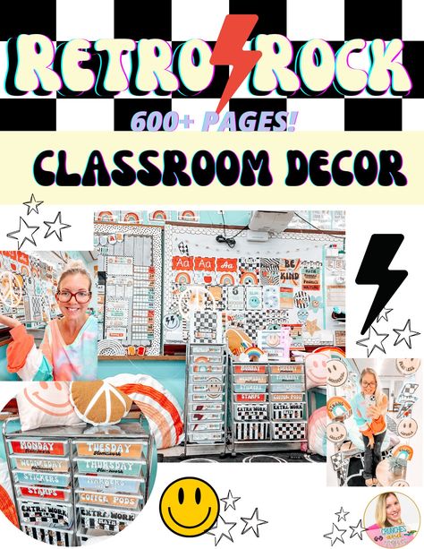 Rainbow Remix Classroom Decor, Retro Kindergarten Classroom, 90s Retro Classroom Theme, Retro Rainbow Classroom Theme, Checkerboard Classroom Theme, 90s Classroom Decor, Emo Classroom, 50s Classroom Theme, Classroom Decor Retro