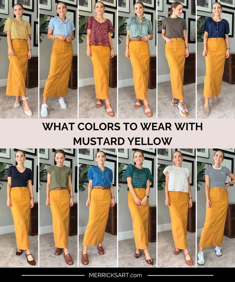 What Colors To Wear With Mustard Yellow - Merrick's Art How To Wear Mustard Yellow Pants, Mustard Yellow Outfit Combination, Mustard Pants Outfit Work, Colors That Go With Mustard Yellow, Mustard Color Combinations, Mustard Colour Combinations, Yellow Mustard Outfit, Mustard Yellow Color Combinations, Mustard Yellow Pants Outfit